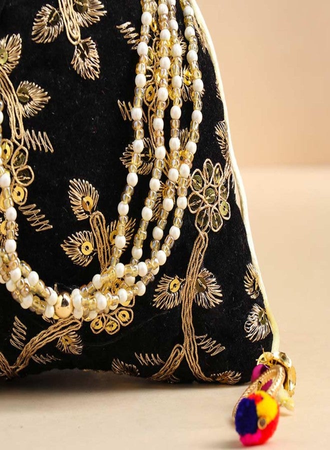 Floweraura Handcrafted Stylish Black Golden Embroidered Pearl Potli Bag for Diwali Gift, Karwa Chauth Gift & Gift for Wife, Sister, Mother, Friends, Colleagues, Girlfriend - Image 2